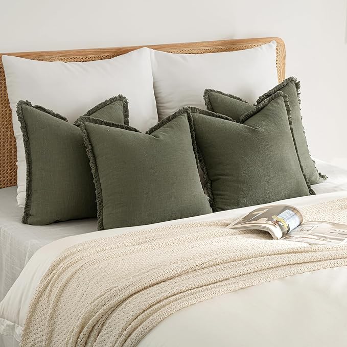MIULEE Decorative Couch Pillow Covers Neutral Linen Fringe Throw Pillows Set of 4 Boho Farmhouse Cushions Soft Accent Pillowcases for Bed Couch Sofa Living Room Spring Decor 18x18 Inch Olive Green