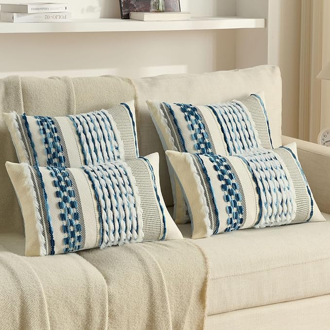FUTEI Blue Accent Throw Pillow Covers Set of 2, 18x18 Inch Plush Tufted Striped Textured Decorative Cushion Cases for Farmhouse Boho Couch Decor