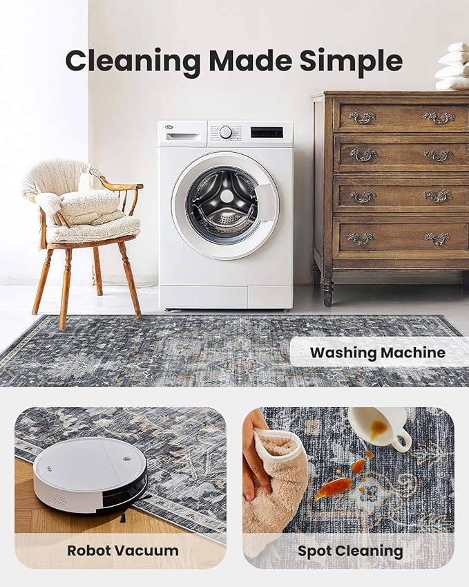 AMADA HOMEFURNISHING 10x14 Washable Area Rug, Low-Profile Large Area Rug with Non-Slip Backing & Durable Edge Binding, Vintage Large Rugs for Living Room, Bedroom & Dining Room