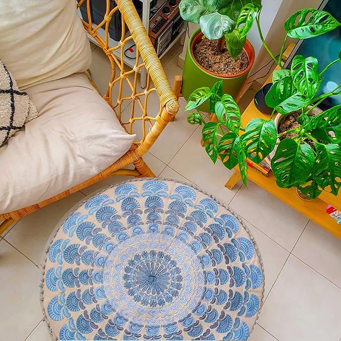 Large Round Floor Pillow Cover Blue Indian Décorative Accent Meditation Cushion Perfect for Living Room, Bedroom, Nursary or Children Room Seating Area Stool Footstool Pouf Ottoman 24x8 Unstuffed