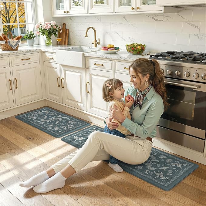 LEEVAN Anti Fatigue Mats for Kitchen Floor Non-Slip, Cushioned Kitchen Mats for Floor 2 Piece, Blue Memory Foam Kitchen Mat Set, Waterproof Ergonomic Standing Mat for Bar, Office,Desk, Laundry