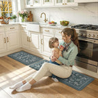 LEEVAN Anti Fatigue Mats for Kitchen Floor Non-Slip, Cushioned Kitchen Mats for Floor 2 Piece, Blue Memory Foam Kitchen Mat Set, Waterproof Ergonomic Standing Mat for Bar, Office,Desk, Laundry