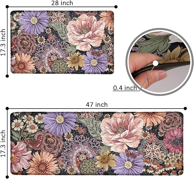Boho Floral Kitchen Mats for Floor 2PCS Anti Fatigue Mats for Kitchen Floor Cushioned Non Slip Waterproof Memory Foam PVC Kitchen Rugs Set for Sink,Office,Laundry 17.3"x28"+17.3"x47"