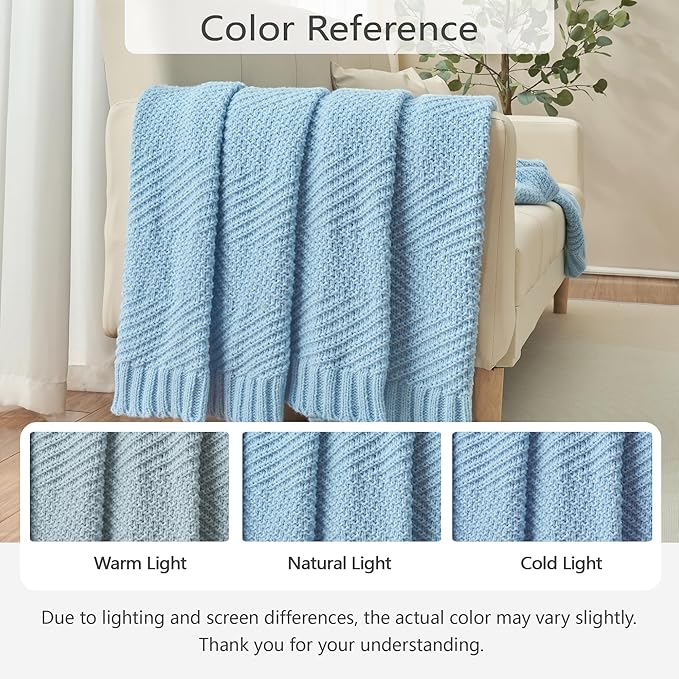 Knitted Throw Blanket 60"X80", Light Blue Knit Throws for Bed, Super Soft Boho Chevron Blankets for Couch Sofa Chair Room Decor, Textured Decorative Farmhouse Cozy Lightweight