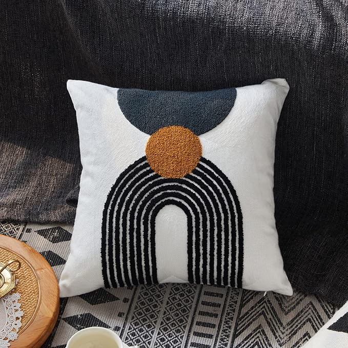 Boho Stylish Accent Throw Pillow Covers 18x18 Tribe Modern Round Arched Geometric Decorative Abstract Pillowcase for Bed Couch Living Room,1 PC,Tan and Black