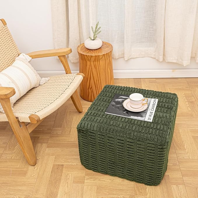 20x20x14 Inches Fluffy Square Pouf Ottoman - Plush Furry Boneless Ottoman Foot Rest Stool with High-Density Foam, Versatile Floor Seating for Living Room (Green)