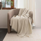 FOSSA Muslin Blanket with Fringe -4-Layer 100% Cotton Gauze Super Soft & Breathable Throw -Lightweight Decorative Cooling Blanket for Bed, Sofa, Office -Twin XL Size 66" × 90" (Beige)