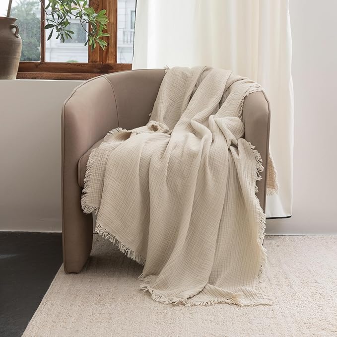 FOSSA Muslin Blanket with Fringe - 4-Layer 100% Cotton Gauze Super Soft & Breathable Throw -Lightweight Decorative Cooling Blanket for Bed, Sofa, Office (Beige, Throw (60" × 50"))