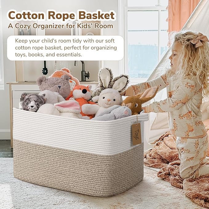 Goodpick Woven Storage Basket, 22”x17”x12” Large Blanket Storage for Living Room, Rope Baskets for Organizing, Rectangle Nursery Toy Box With Handles, Brown and White