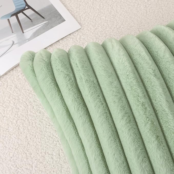Pallene Faux Fur Plush Lumbar Spring Throw Pillow Covers 12x20 Set of 2, Luxury Soft Fluffy Striped Decorative Pillow Covers for Sofa, Couch, Living Room, Sage Green