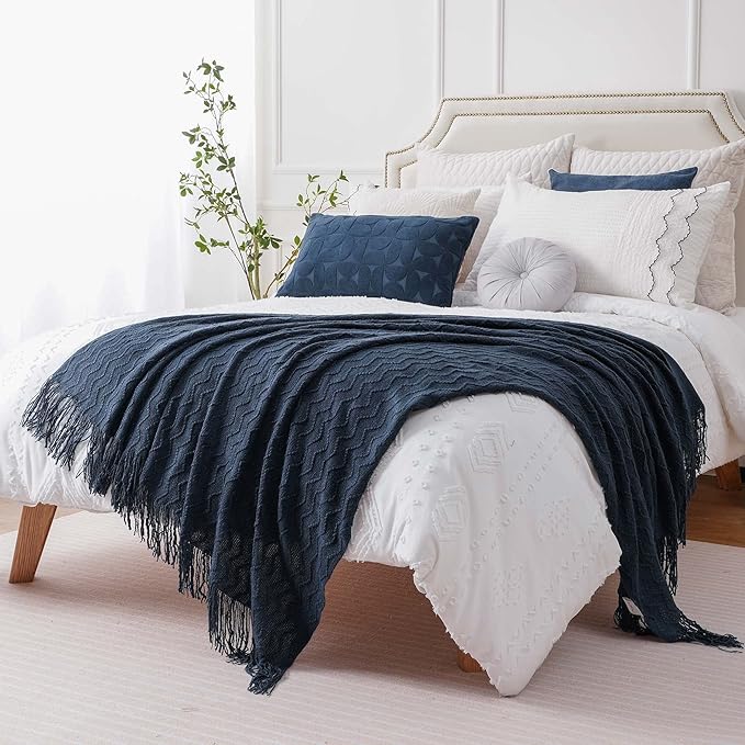 BATTILO HOME Navy Blue Throw Blanket for Couch, Textured Soft Navy Throw, Decorative Knitted Navy Blanket Throw for Sofa Bed Living Room, 50"x60"