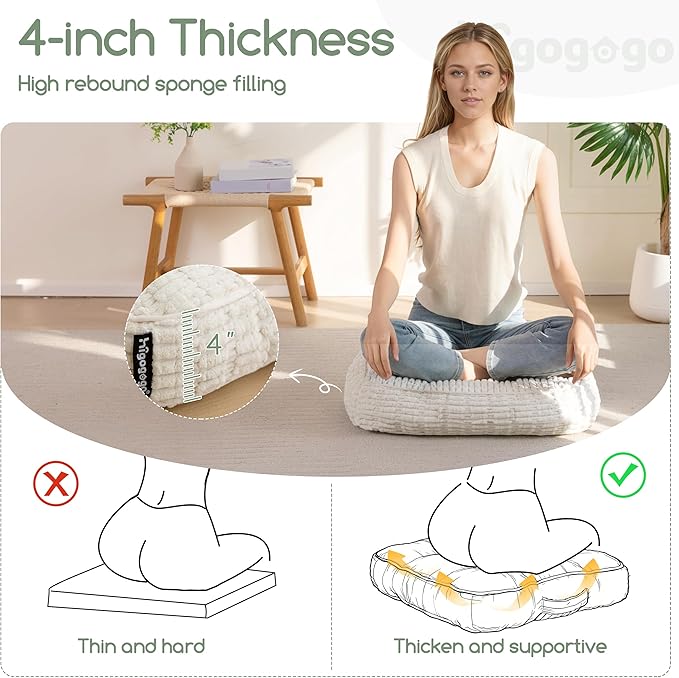 Washable Floor Pillow Cushion for Adults, Meditation Cushion Pillow, Removable Tufted Blended Corduroy Cover, Large Square Floor Sitting for Tatami Living Room or Yoga, 2Pack, Machine Washable