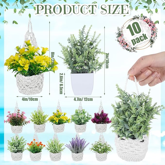 10 Pack Macrame Wall Plant Hanger with Artificial Pot Flower - Boho Wall Hanging Planter for Indoor Plant Cotton Rope Holder with Mini Fake Pot Flower for Home Wedding Decor Gift(White)