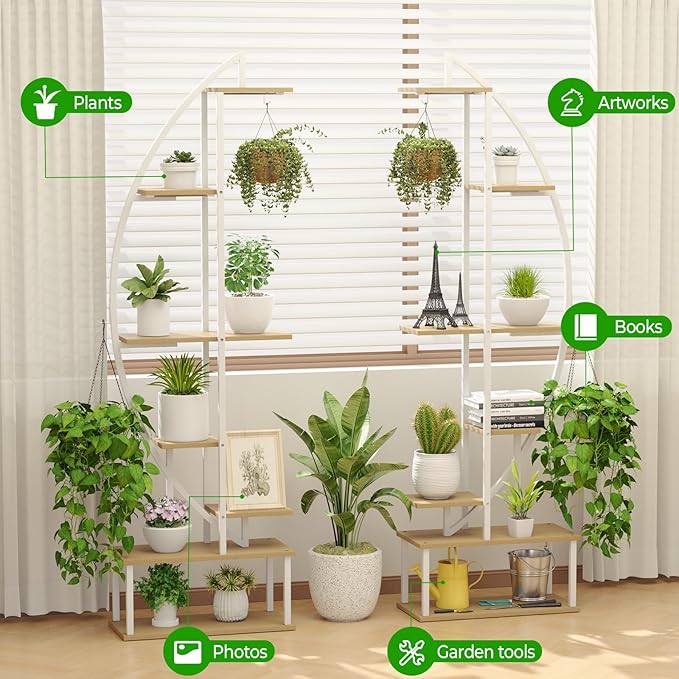 Plant Stand Shelf Rack Indoor with 6 Built in Grow Light, 7 Tiered 65" Tall White Large Lighted Half Moon Curved Plant Stand for Indoor Growing, 2 Pack Arch Sturdy High Herb Flower Shelving