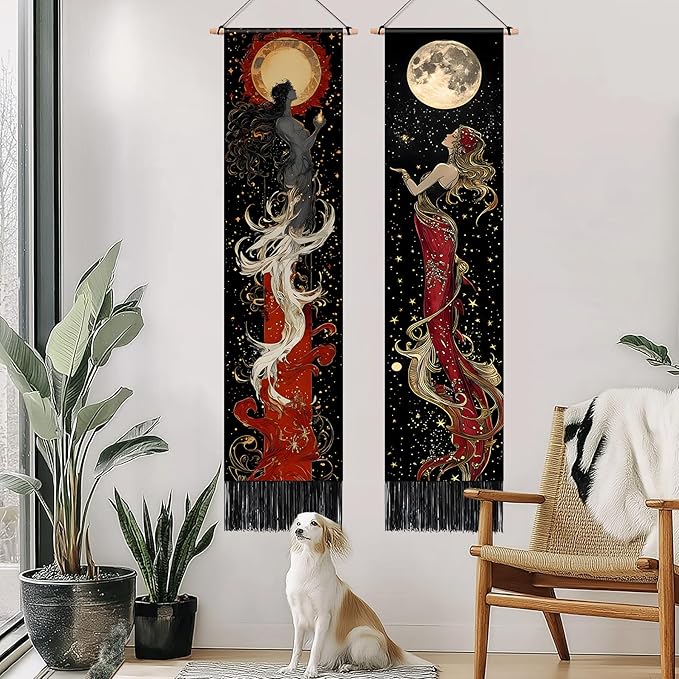 AOHMPT Pack of 2 Long Vertical Tapestry,Nature Landscape Tapestry with Serene Mountain River, Moon & Sun Motifs,Traditional Ink Painting Wall Art , Zen Aesthetic Wall Hanging for Living Room Bedroom Decor 13" W x 51" H"