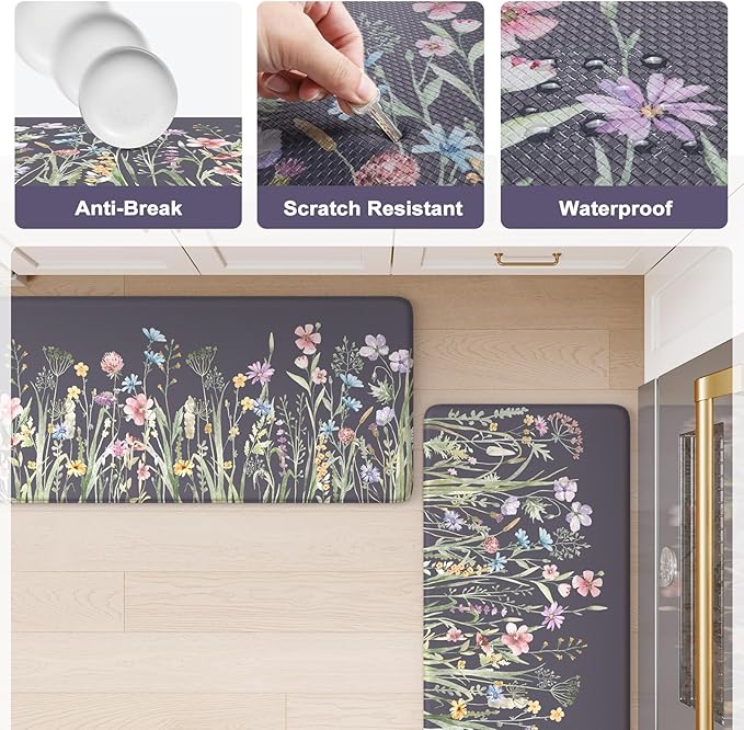 KIMODE Anti Fatigue Kitchen Mat, Farmhouse Floral Kitchen Rugs, Kitchen Floor Mats Non-Slip,Comfort Kitchen Mats for Floor Sink, Laundry, Office, Desk Dark Grey/Purple 17"x47"+17"x29"