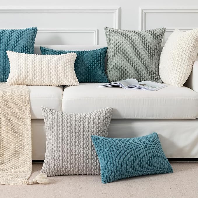 Kevin Textile 12x24 Inch Pillow Cover 1 Pack Boho Decorative Soft Striped Corduroy Lumbar Farmhouse Solid Color Accent Rectangle Cushion Case for Living Room Couch Sofa Bed, Blue Grey