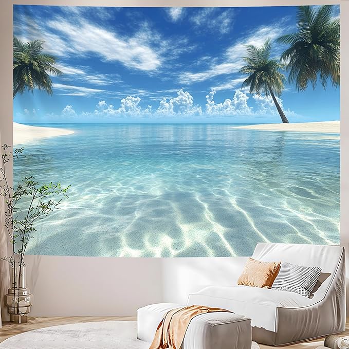 AOHMPT Ocean Tapestry, Beach Evening Sunset Tapestry, Natural Beach Palm Tree Landscape Tapestries Poster, Seaside Landscape Wall Hanging for Bedroom, Dorm Room and Living Room Wall Decor 79" L x 59" W