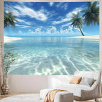 AOHMPT Ocean Tapestry, Beach Evening Sunset Tapestry, Natural Beach Palm Tree Landscape Tapestries Poster, Seaside Landscape Wall Hanging for Bedroom, Dorm Room and Living Room Wall Decor 79" L x 59" W