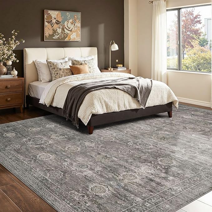 8x10 Area Rugs for Living Room, Large Washable Rug, Grey Vintage Retro Boho, Non Slip & Low Pile Faux Wool Carpet for Indoor Dining Room and Bedroom