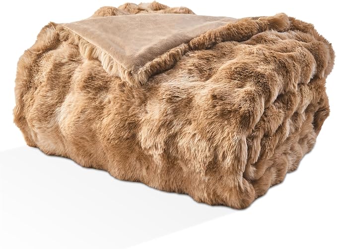 EMME Faux Fur Blanket Queen Size Tie Dye Brown - Big Bubble Rabbit Cozy Blanket for Couch, Thick Furry Plush Shaggy Blankets, 650GSM, 90x90 Inches