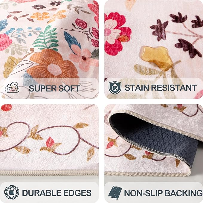 Extra Large 10x14 Area Rug for Living Room, Washable Rugs for Dining Room, Bedroom, Non Slip Stain Resistant Carpet, Low Pile Vintage Floral Rug (Beige Red)