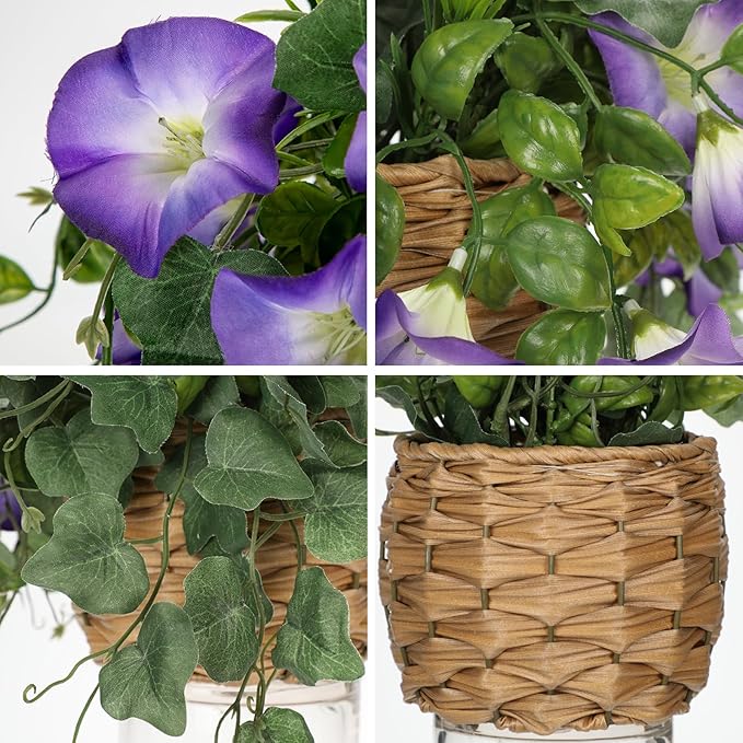 Briful Faux Floral Centerpieces with Rattan Basket Artificial Potted Morning Glory Silk Flowers Fake Flower Arrangement for Home Office Dining Room Table Wedding Party Decor(Purple)