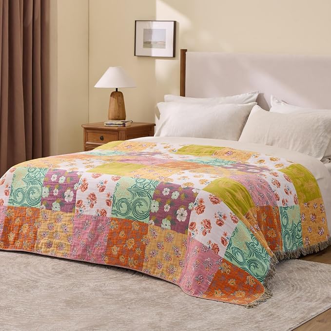100% Cotton Boho Throw Blanket for Home Decor – Classic Farmhouse Quilt Bedding, Muslin Blankets for Adults, Vintage Woven Decorative Blanket for Couch, Bed Layering Use, Patchwork, 104"x90"