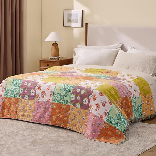 100% Cotton Boho Throw Blanket for Home Decor – Classic Farmhouse Quilt Bedding, Muslin Blankets for Adults, Vintage Woven Decorative Blanket for Couch, Bed Layering Use, Patchwork, 90"x90"