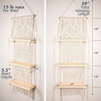 SnugLife Macrame Wall Hanging Shelf - 3 Tier Wall Plant Hanger Shelves with Handmade Woven Rope - Boho Shelves Organizer for Kitchen, Bathroom, Home Storage, Floating Plant Shelf (Pine Wood)