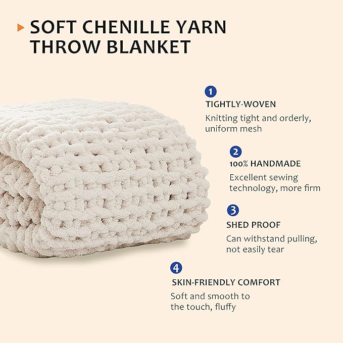 L'AGRATY Chunky Knit Blanket - Soft Chunky Throw 60x80 inches: 100% Hand Kintted Chenile Crochet Throw for Couch - Large Cable Knit Blanket for Home Decor (Ivory)