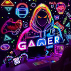 Apdidl Blacklight Gaming Wall Tapestry for Bedroom, Glow in the Dark Funny Game Player Boys Room Decor Tapestries, Cool Gamer Posters UV Reactive Neon Wall Hanging for Kids Living Room Dorm 51" X 60"