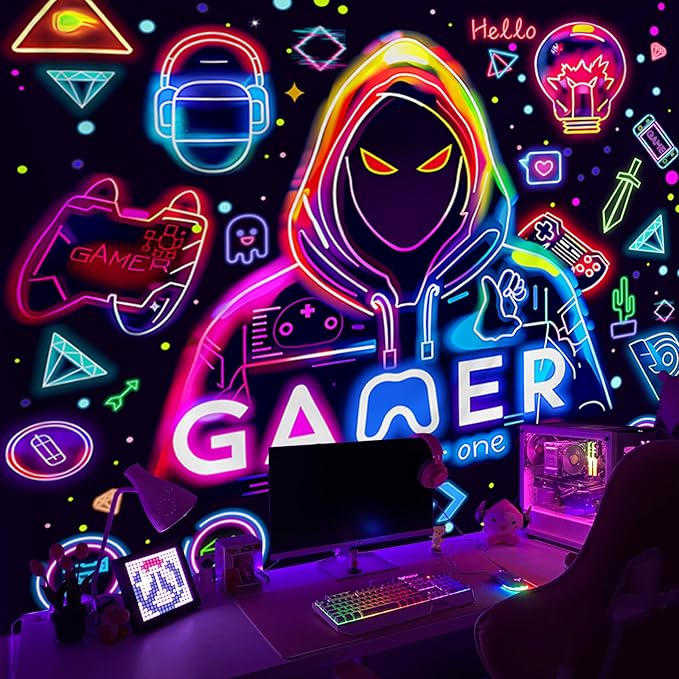 Apdidl Blacklight Gaming Wall Tapestry for Bedroom, Glow in the Dark Funny Game Player Boys Room Decor Tapestries, Cool Gamer Posters UV Reactive Neon Wall Hanging for Kids Living Room Dorm 51" X 60"