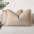 Foindtower Set of 2 Decorative Linen Fringe Lumbar Throw Pillow Covers Boho Farmhouse Cushion Cover with Tassels Soft Accent Pillowcase for Couch Sofa Bed Living Room Home Decor,12×20 Inch,Tan Beige