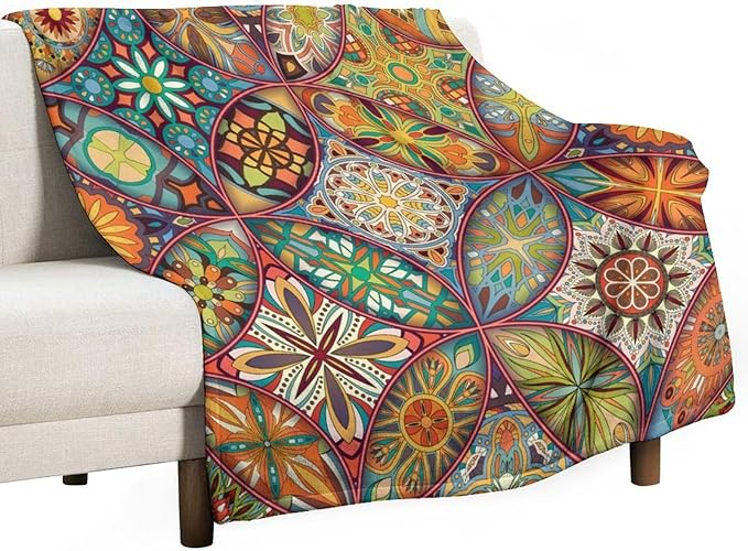 Boho Floral Throw Blanket Colorful Mandala Bohemian Indian Hippie Vintage Blanket for Sofa Bed Couch Chair or Dorm 40"x50"