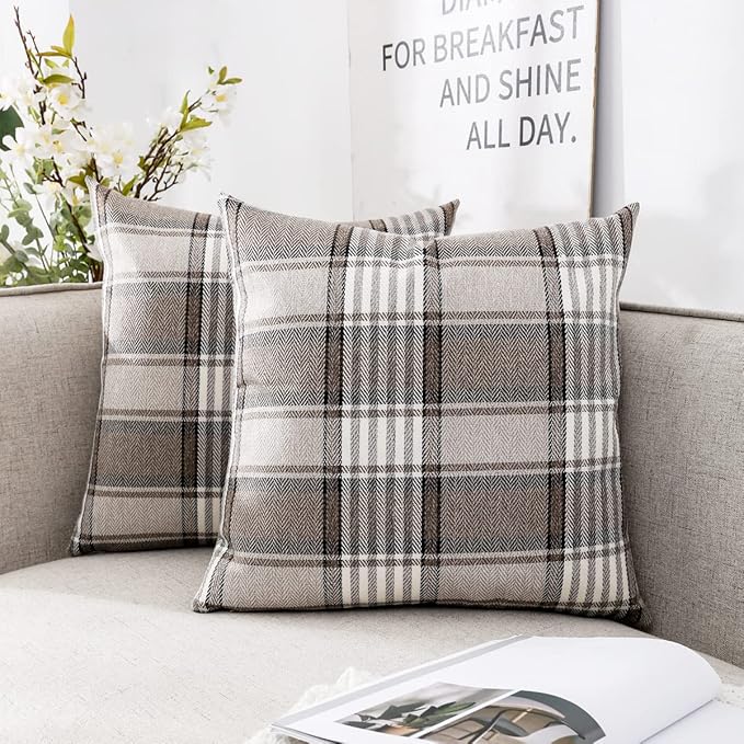 CARRIE HOME Brown Farmhouse Throw Pillow Covers 16x16 Set of 2 Plaid Decorative Throw Pillows 16 x 16 for Spring Fall and Winter Holiday Home Decor