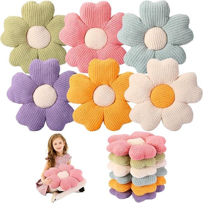 6 Pcs Flower Shaped Pillows Daisy Floor Throw Pillows 15 Inch Flower Seat Cushion for Reading Sofa Couch Bed Decor for Back to School First Day of School(Bright Color)