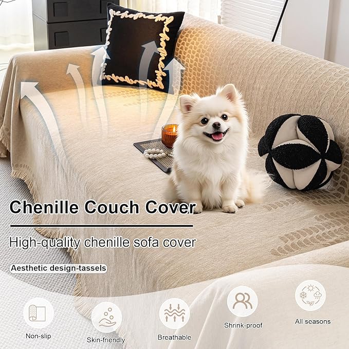 ROOMLIFE Khaki Sofa Cover, Vintage Boho Couch Cover for 3 Cushion Sofa, Non Slip Soft Chenille Sofa Slipcovers for Dog, Washable Furniture Sofa Protector Cover with Tassel for Living Room, 71''X150”