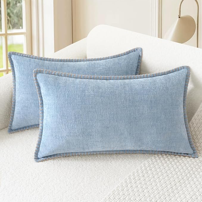 CaliTime Throw Pillow Covers Decorative 12 X 20 Inches Pack of 2 Cotton Thread Stitching Edges Solid Dyed Soft Chenille Cushion Cases for Couch Sofa Bed Living Room Farmhouse Baby Blue