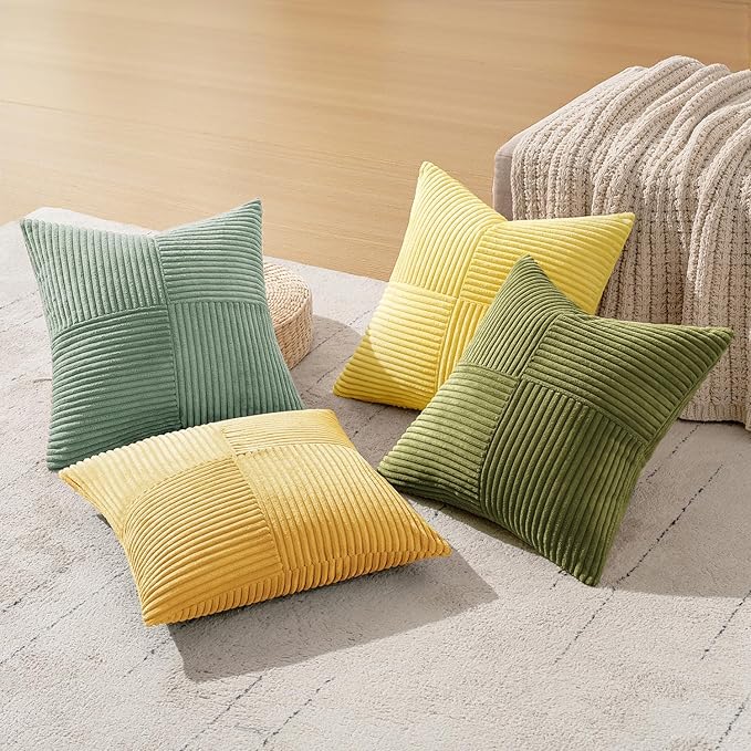 MIULEE Boho Farmhouse Spring Decorative Throw Pillow Covers 18x18 Inch 4 Packs Soft Vintage Pillow Cases Modern Corduroy Patchwork Cushion Covers for Couch Sofa Bed Summer Home Decor, Yellow Green