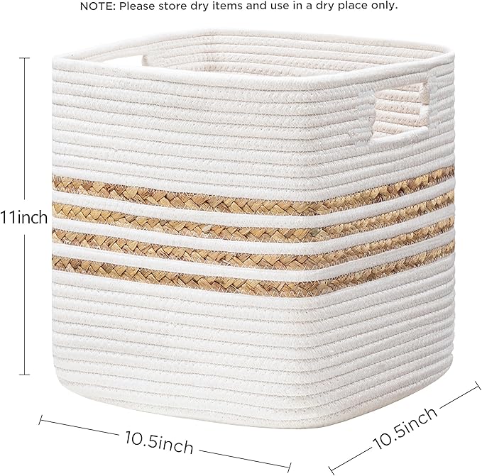 UBBCARE Set of 4 Storage Cubes 11 X 10.5 X 10.5 in, Water Hyacinth Storage Bins for Shelves, Toys, Book, Storage Baskets with Handles, Cotton Rope Woven Baskets for Organizing, White
