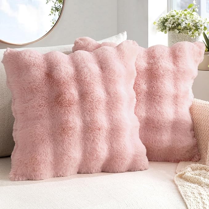 MIULEE Faux Fur Pillow Covers Thick Soft Plush Throw Pillows Luxury Spring Valentines Day Home Decor for Couch Bed Bedroom Living Room Sofa,18x18 Inch Pack of 2 Light Pink