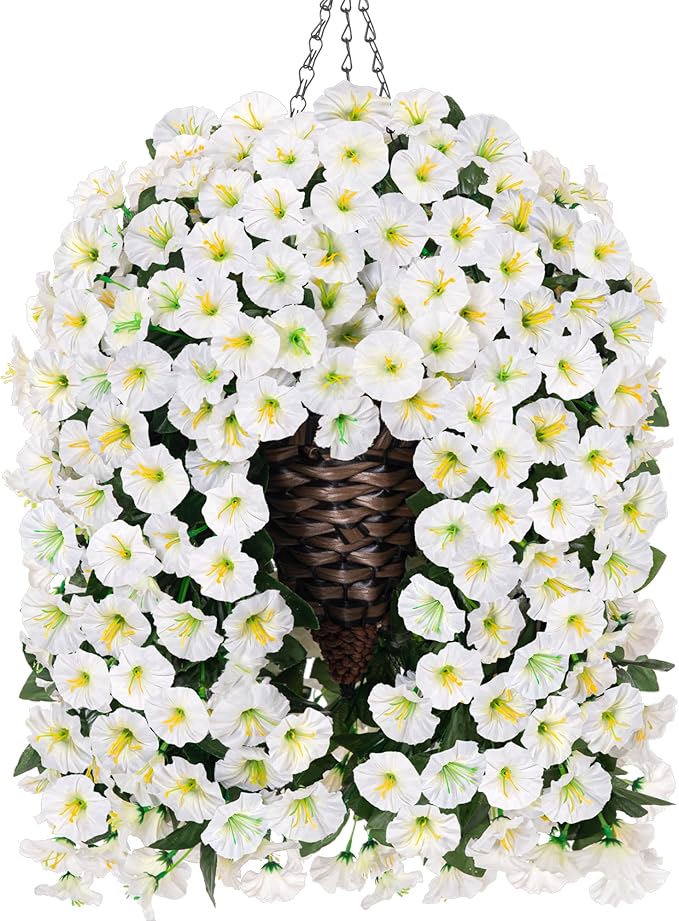 HyeFlora Artificial Faux Hanging White Flowers Plants Basket for Outdoor Outside Christmas Winter Decor, Fake UV Resistant Realistic Morning Glory Flowers for Porch Home Balcony Yard Patio Decoration