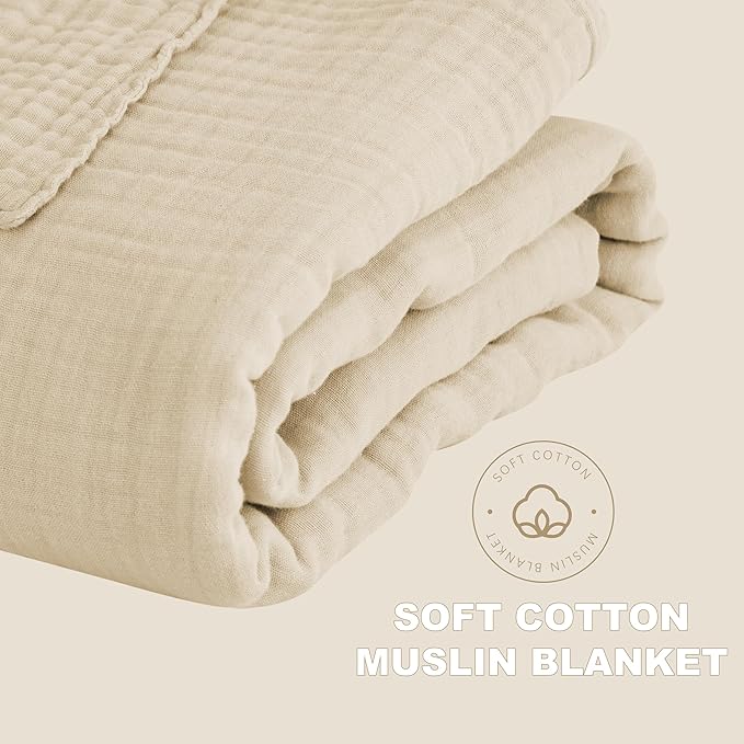 Cosy Family 6 Layer Muslin Bed Blanket - Breathable and Lightweight Gauze Boho Blanket for Spring, Soft 100% Cotton Muslin Blanket, Light Tan, 80x90 Inches