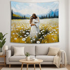 bitCNY Jesus Embracing Woman Tapestry 60x50 Inches – Inspirational Christian Wall Art, Flower Field Tapestry for Bedroom Living Room, Faith and Hope Decor