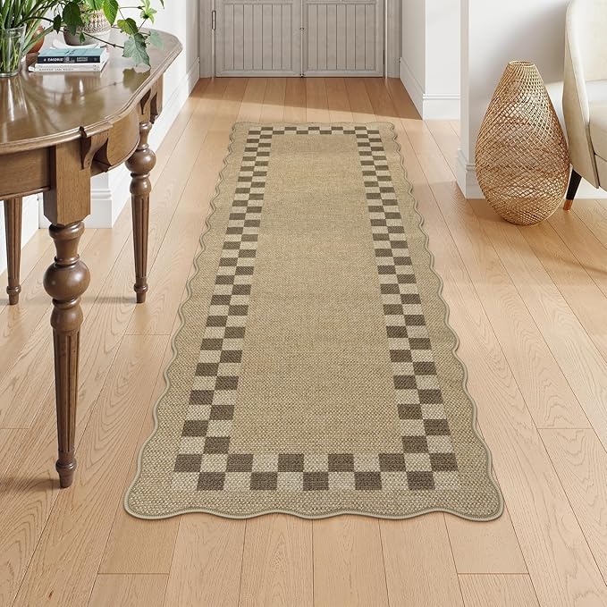 LIVEBOX Easy Jute Checkered Runner Rug for Kitchen, Scalloped Washable 2x6 Tan Rugs for Entryway, Geometric Indoor Outdoor Non Slip Rug Farmhouse Carpet Door Mat Area Rug for Porch Bedroom Hallway