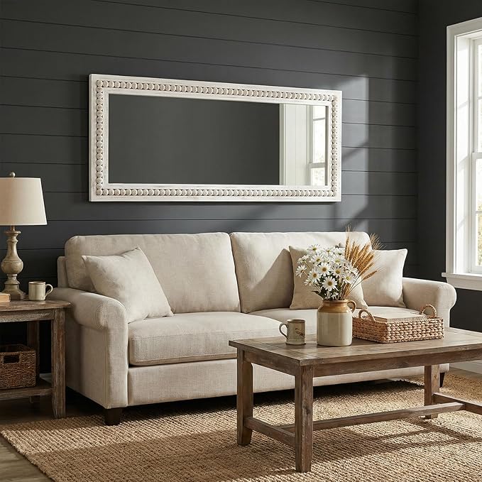 H HOMEWINS Rustic Full Length Mirror,18x48 Inch Farmhouse Boho Bathroom Full Body Nursery White Beads Decor Wall-Mounted Mirror for Bedroom, Living Room,Vanity,Entryway,Over Sink