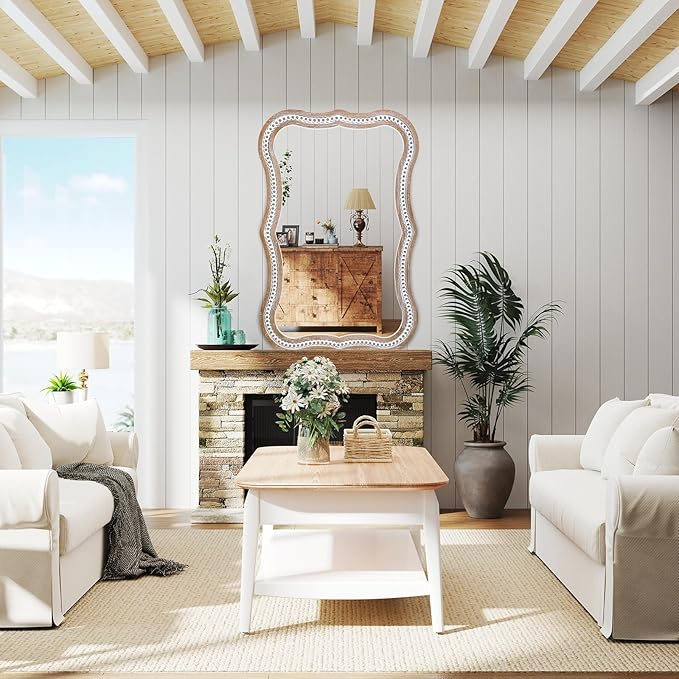 35x24 inches Rustic Farmhouse Mirror for Wall Decor, Wooden Beads Decorative Mirrors for Living Room, Bedroom, Hallway, Bathroom, Entryway - Vertical or Horizontal Hanging