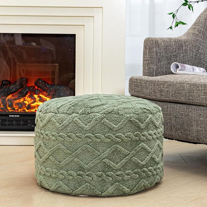 Round Pouf Ottoman Stuffed 20x12 Inches Floor Pouf Chair for Living Room Bedroom Modern Foam Pouf Ottoman Foot Rest for Couch Home Decor Pouffe Sage Green