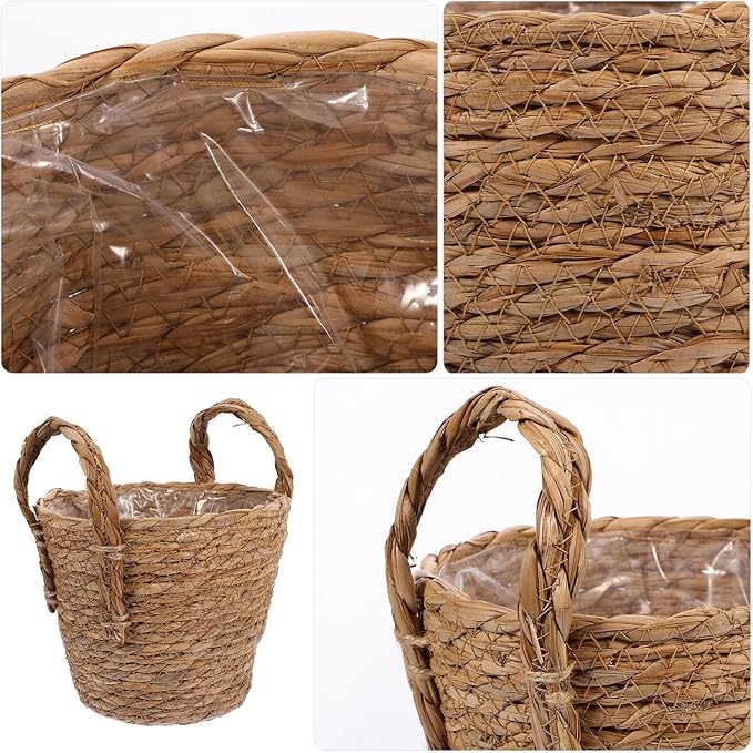 GALPADA Braided Straw Flowerpot Basket with Handles, 16cm Diameter Handmade Planter for Indoor Plants, Boho Retro Style Plant Basket for Home Décor and Greenery